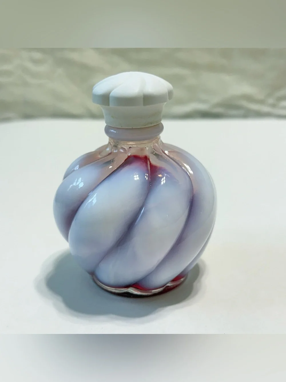 Vintage Wrisley White Cloud Carnation Fenton Opalescent Swirl Bottle Flower Cap